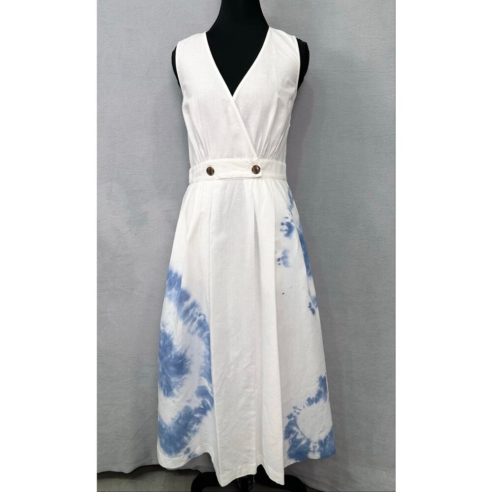 Madewell White Blue Tie Dye Cotton Linen Blend Wrap Maxi Dress Size 2 (Small) - Picture 2 of 13